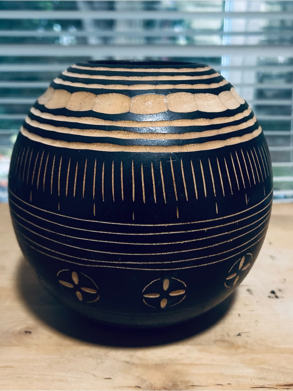 Wooden World Market Round Vase Carved Round Wooden 7” Vessel Brown